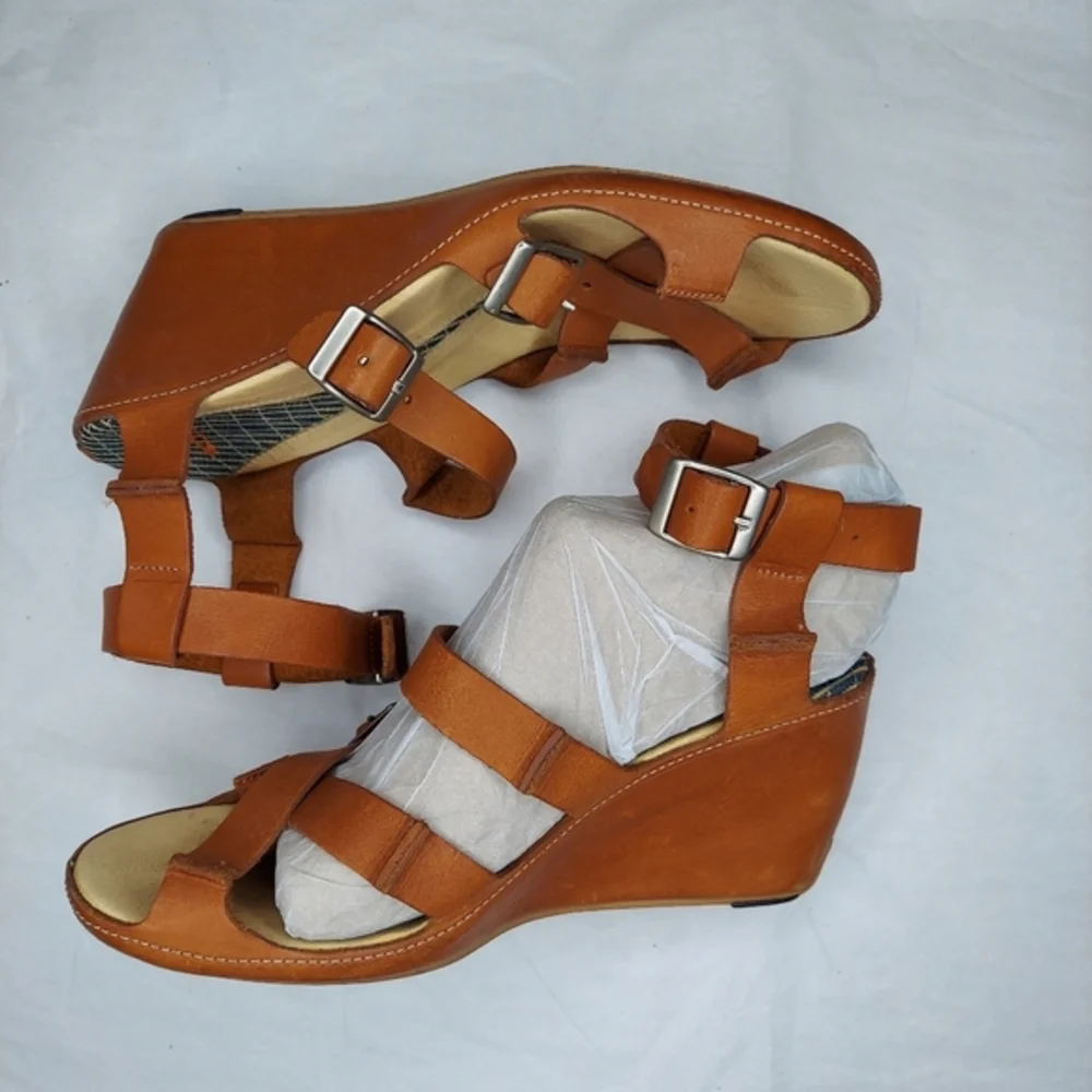 J Shoes Leather Wedge Heel‎ Sandals Womens 10 Strappy Ankle Adjustable Buckle